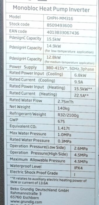 Beko-Grundig GHPH-MM16 siltumsūkņis 16kW Monoblock (R32), 380V / 3 faze