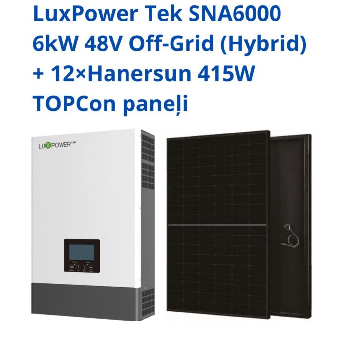 Komplekts: LuxPower Tek SNA6000 6kW 48V Off-Grid (Hybrid) + 12×Hanersun 415W TOPCon paneļi