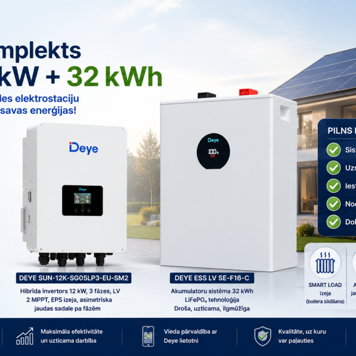 Hibrīda komplekts LV DEYE 12 kW + 32 kWh akumulators + Nord Pool + Uzstādīšana   *** Cena norādīta pēc atbalsta saņemšanas 2500 EUR apmērā
